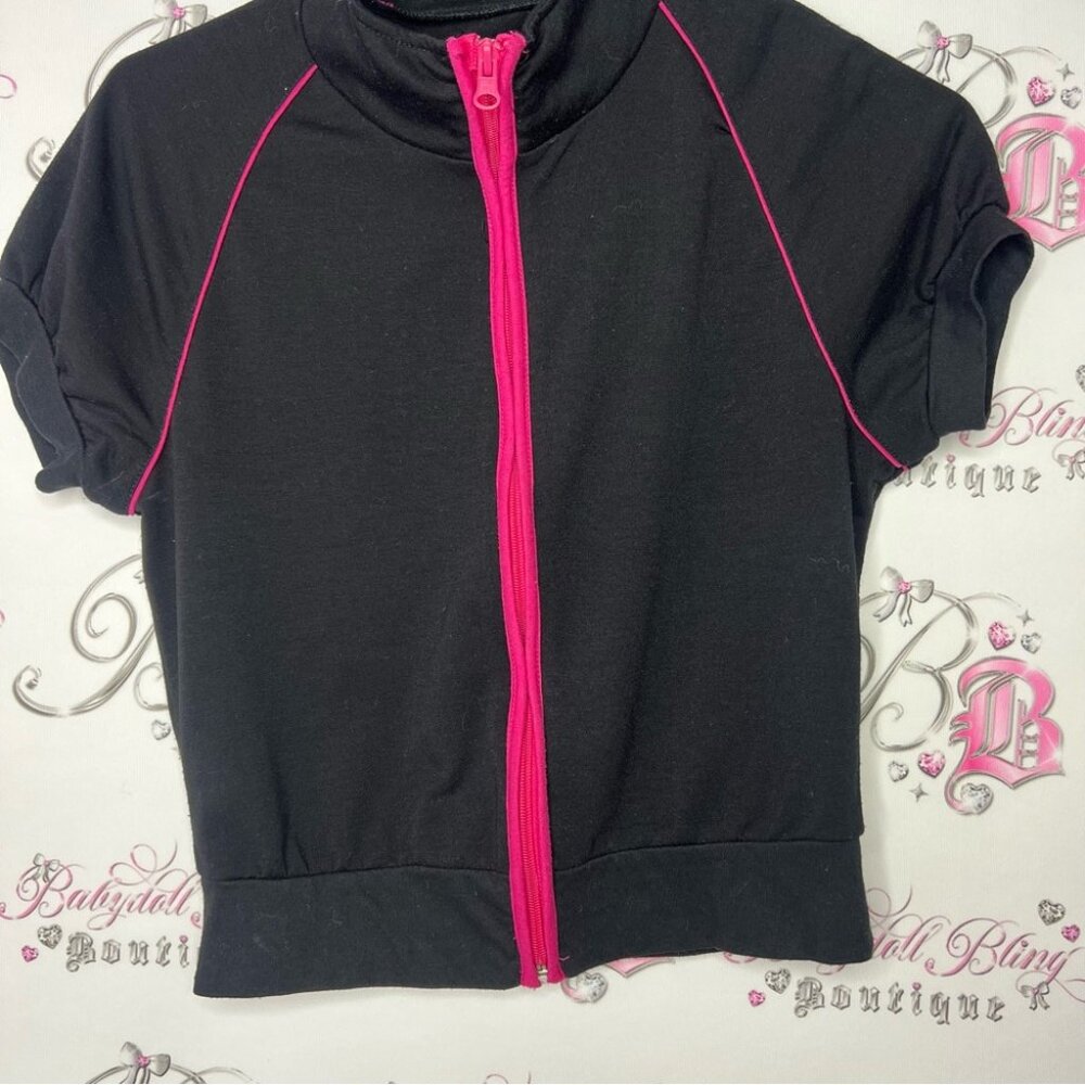 725 originals sweater tshirt zip up black pink y2k striped trim work out yoga - Picture 5 of 7